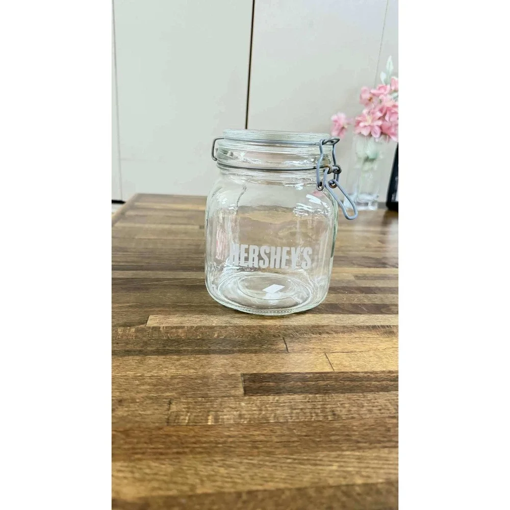 Hershey's Glass Storage Jar Wire Bale Flip Top Lid Clear Kitchen Canister Logo